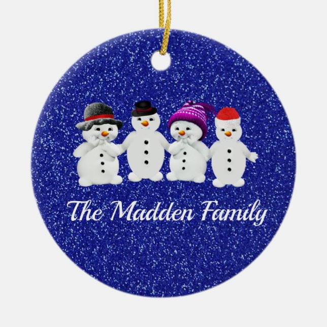 Family of Four Snowmen Blue Sparkle Winter  Ceramic Tree Decoration (Front)