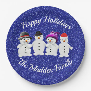 Family of Four Snowmen Blue Sparkle Winter   Paper Plate