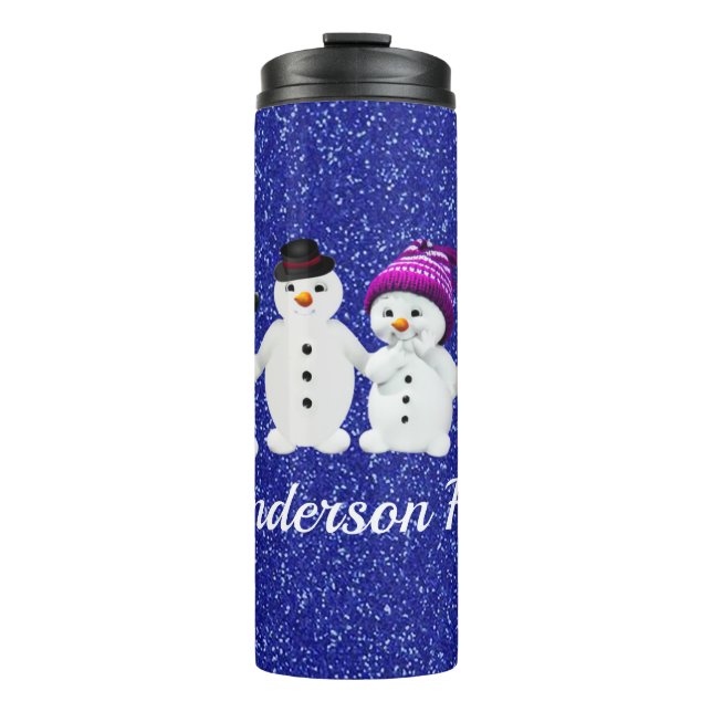 Family of Four Snowmen Blue Sparkle Winter   Table Thermal Tumbler (Front)