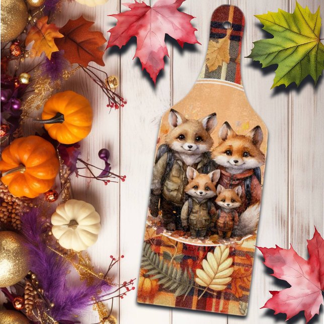 Family of Foxes Happy Thanksgiving Pumpkins Plaids Cutting Board (Creator Uploaded)