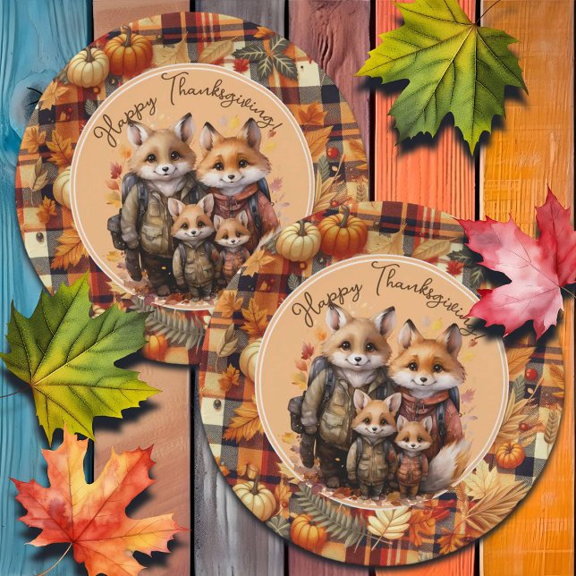 Family of Foxes Happy Thanksgiving Pumpkins Plaids Paper Plate (Creator Uploaded)