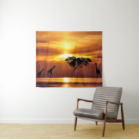 Family of Giraffes at Sunset Wall Art Tapestry