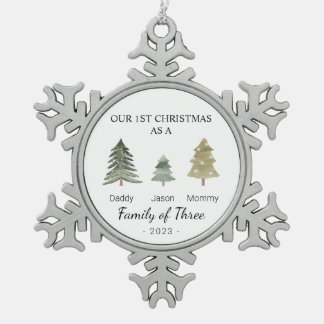 Family of Three Babys First Christmas Personalised Snowflake Pewter Christmas Ornament