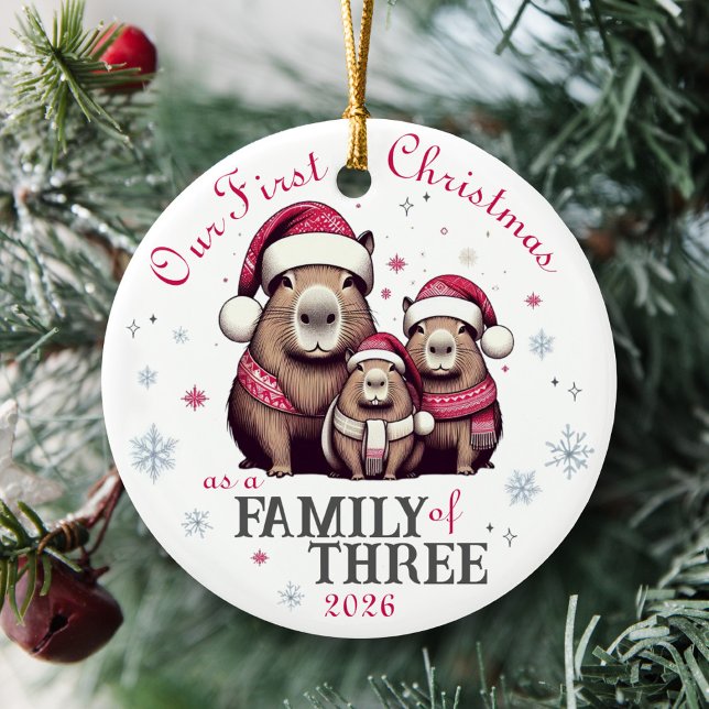 Family of Three Capybara Snowflake First Christmas Ceramic Tree Decoration (Our first Christmas as a family of three Cute Capybara family ornament, baby's first Christmas)