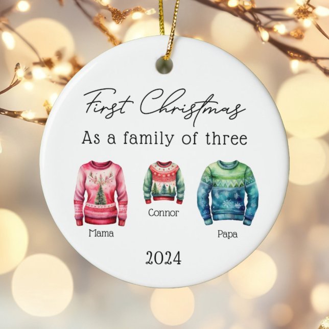 Family of Three Christmas Sweaters Baby Photo Ceramic Tree Decoration (Creator Uploaded)