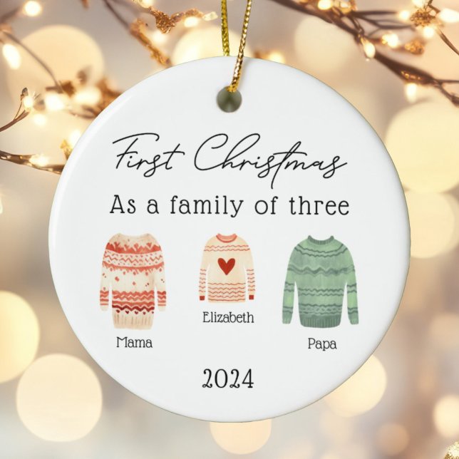 Family of Three Christmas Sweaters Baby Photo Ceramic Tree Decoration (Creator Uploaded)