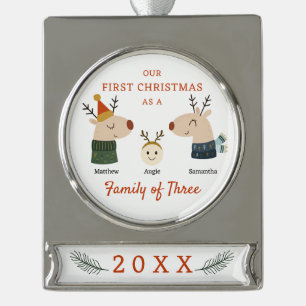 Family of Three First Christmas Silver Plated Banner Ornament