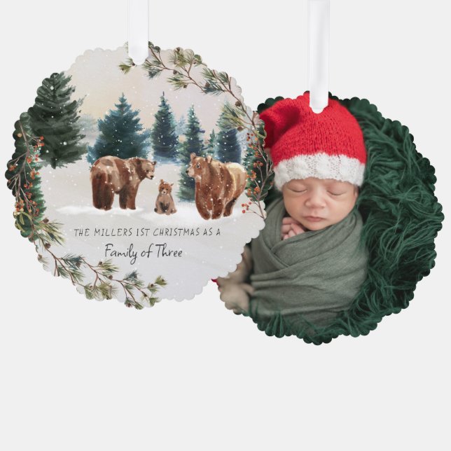 Family of Three | First Christmas Tree Decoration Card (Front/Back)