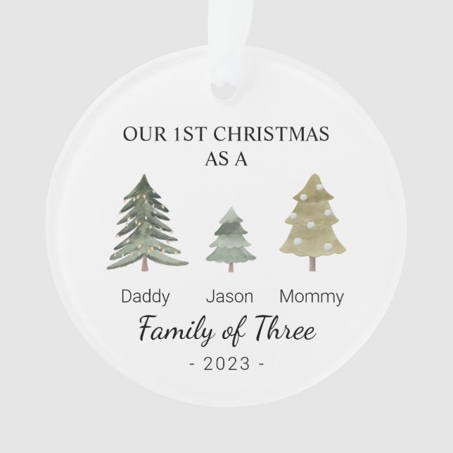 Family of Three Personalised Babys First Christmas Ornament (Front)