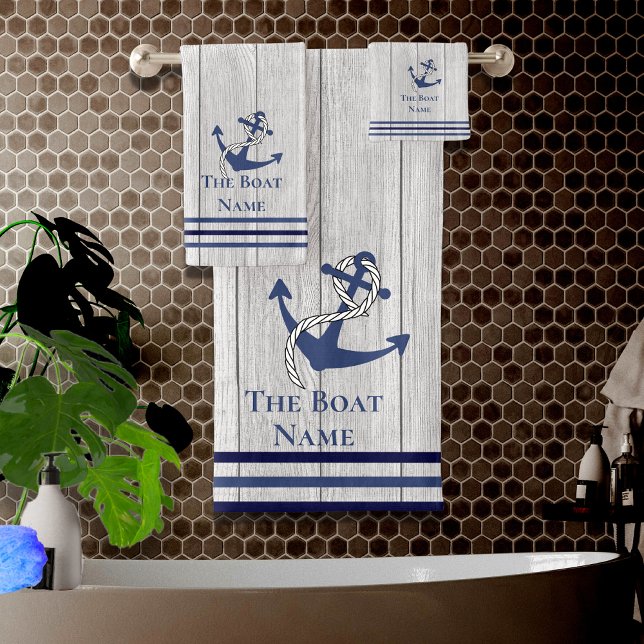 Family or Boat Name Navy Anchor Rope Nautical  Bat Bath Towel Set (Creator Uploaded)