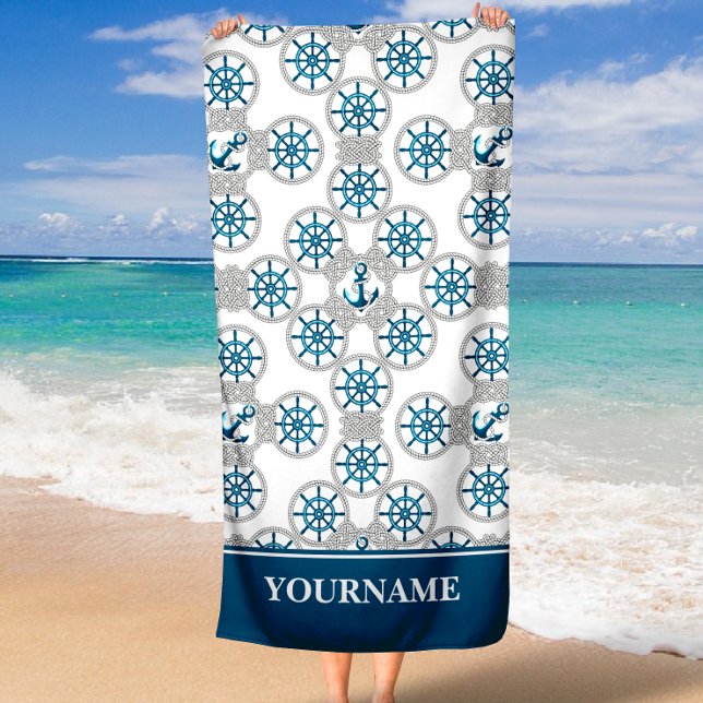 Family or Boat Name Navy Anchor Rope Nautical Beach Towel (Creator Uploaded)