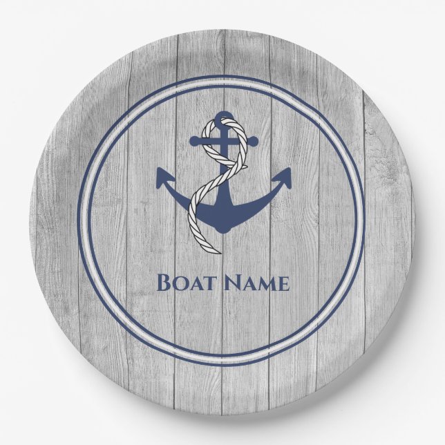 Family or Boat Name Navy Anchor Rope Nautical Napk Paper Plate (Front)