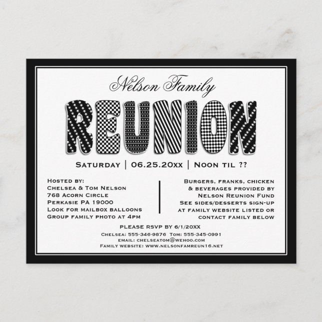 Family or Class Reunion B/W Pattern Invitation Postcard (Front)