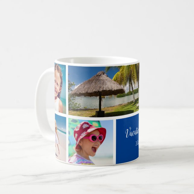 Family or Couple Vacation 5 Photo Keepsake, Blue Coffee Mug (Front Left)
