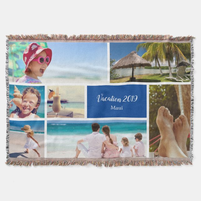Family or Couple Vacation 7 Photo Keepsake, Blue Throw Blanket (Front)