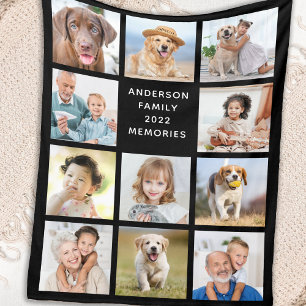 Family Personalised 11 Photo Collage Modern Black Fleece Blanket