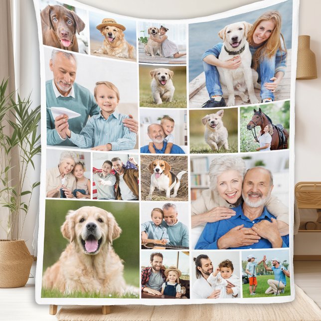 Family Personalised Modern Simple 18 Photo Collage Fleece Blanket (Creator Uploaded)