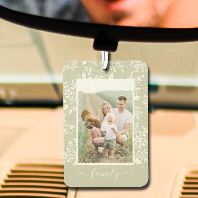 FAMILY Personalised Photo Car Air Freshener (Your photo and the word FAMILY an a sage green car air freshener with a white botanical border)