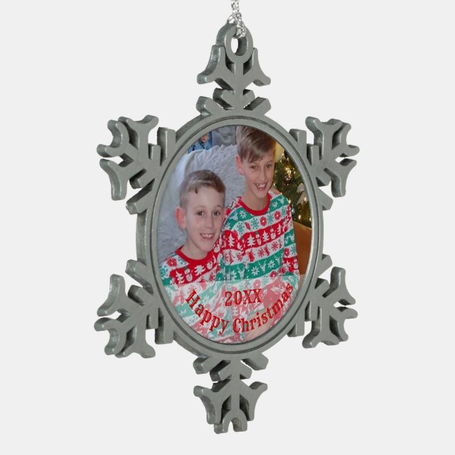 Family Personalised Photo Snowflake Pewter Christmas Ornament (Left)