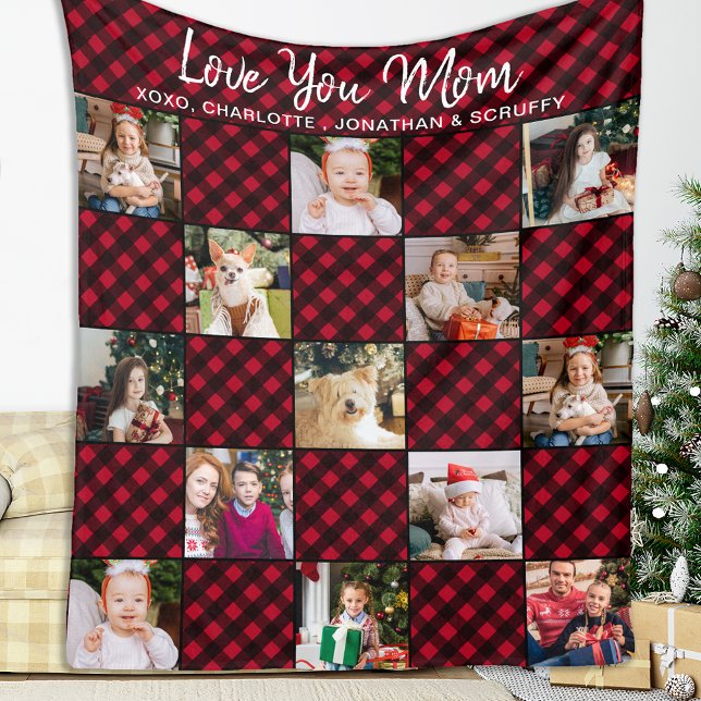 Family Personalised Red Plaid 13 Photo Collage Fleece Blanket (Creator Uploaded)