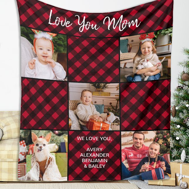 Family Personalised Red Plaid 5 Photo Collage Fleece Blanket (Creator Uploaded)