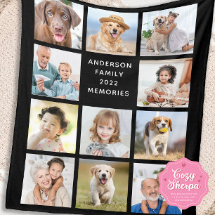 Family Personalized 11 Photo Collage Modern Black Sherpa Blanket