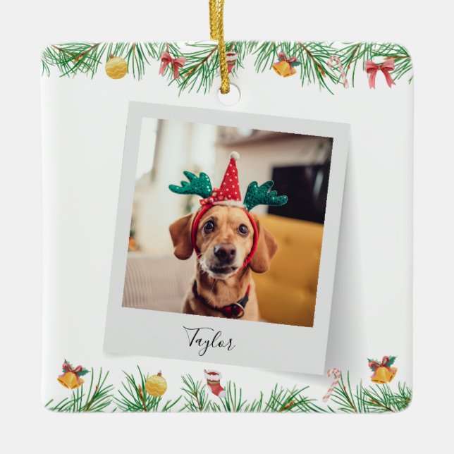Family Pet Dog Photo Christmas Holiday Keepsake Ceramic Ornament (Front)