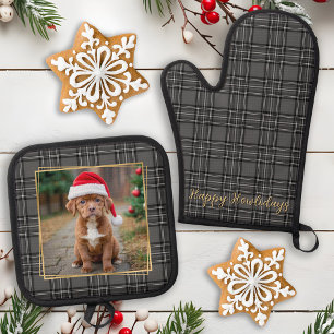 Family Pet Dog Photo Personalised Grey Plaid Oven Mitt & Pot Holder Set