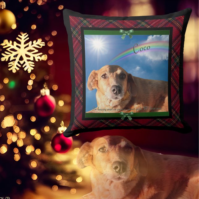 Family Pet Photo Red Tartan Plaid Rainbow Bridge Cushion ("Rainbow Bridge" beloved pet's name in the sky family Christmas throw pillow)