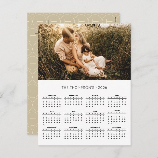 Family Photo 2026 Calendar 12 Month Monogram Holiday Postcard (Front/Back)