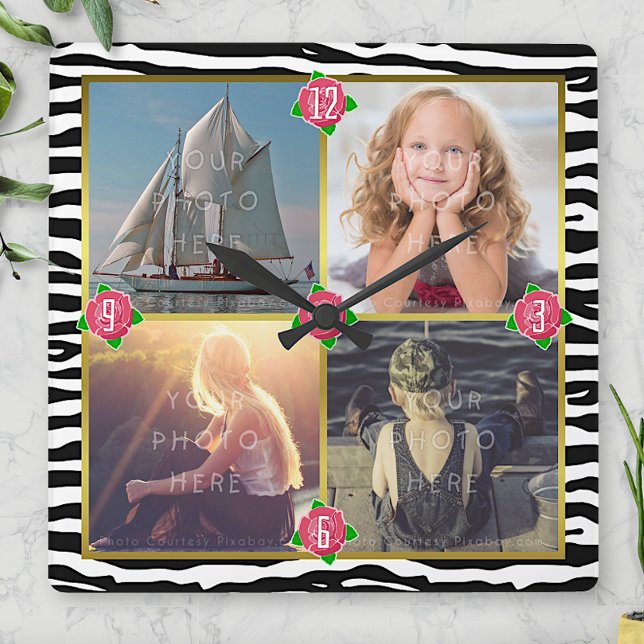 Family Photo Add 4 Custom Pictures | Zebra Roses Square Wall Clock (Creator Uploaded)