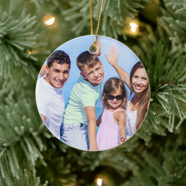 Family Photo and Name Red Glitter  Ceramic Tree Decoration (Tree)