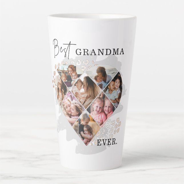 Family Photo Best Grandma Ever Heart Shape 8 Photo Latte Mug (Front)