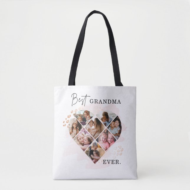 Family Photo Best Grandma Ever Heart Shape 8 Photo Tote Bag (Front)