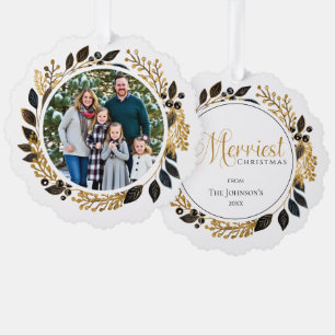 Family Photo Black Gold Wreath Merriest Christmas  Tree Decoration Card