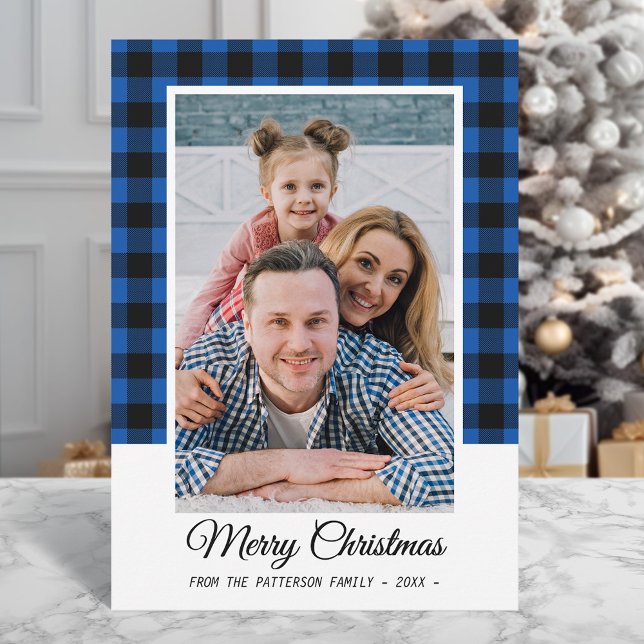 Family Photo Blue Buffalo Plaid Merry Christmas Card (Creator Uploaded)