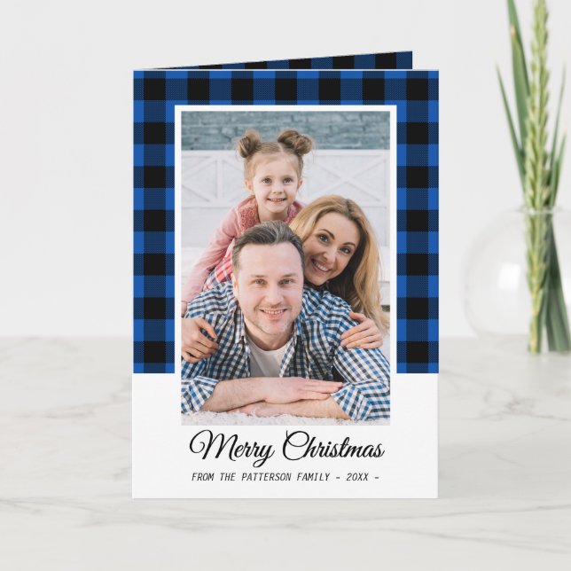 Family Photo Blue Buffalo Plaid Merry Christmas Card (Front)
