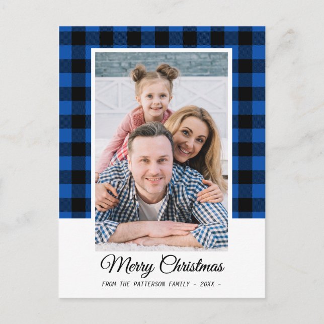 Family Photo Blue Buffalo Plaid Merry Christmas Postcard (Front)