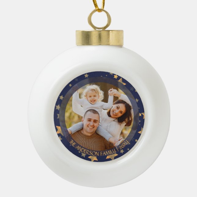 Family Photo Blue Gold Star Elegant Holiday Ceramic Ball Christmas Ornament (Front)