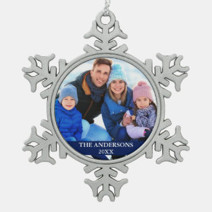 Family Photo Blue Snowflake Pewter Christmas Ornament