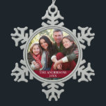 Family Photo Burgundy Snowflake Pewter Christmas Ornament<br><div class="desc">Family Photo Burgundy Snowflake Ornament</div>