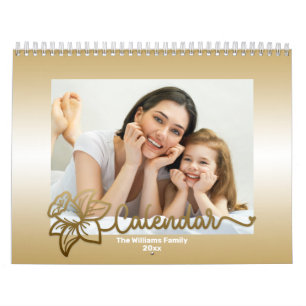 Family Photo Calendar, Editable Gold Flower Calendar
