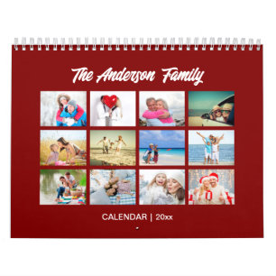 Family Photo Calendar, Editable Maroon Calendar
