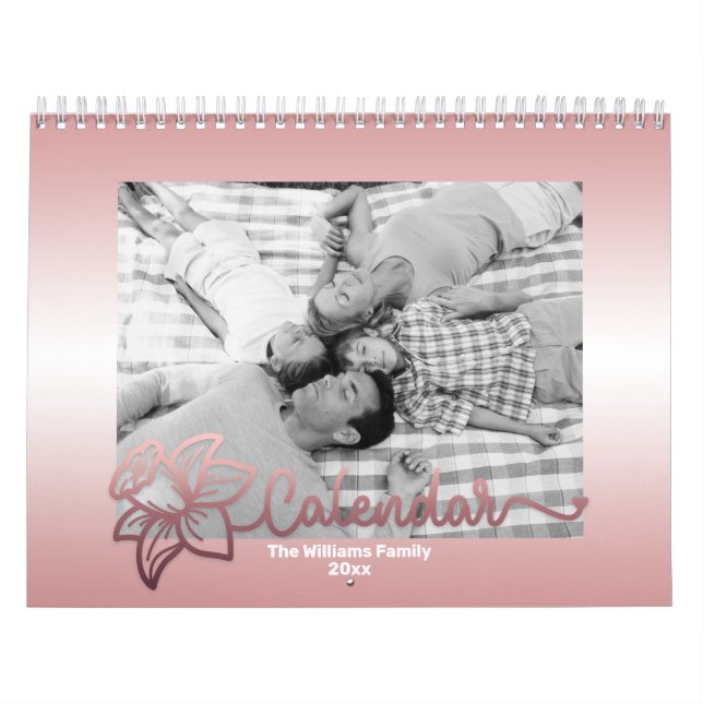 Family Photo Calendar, Editable Rosegold Flower Calendar (Cover)