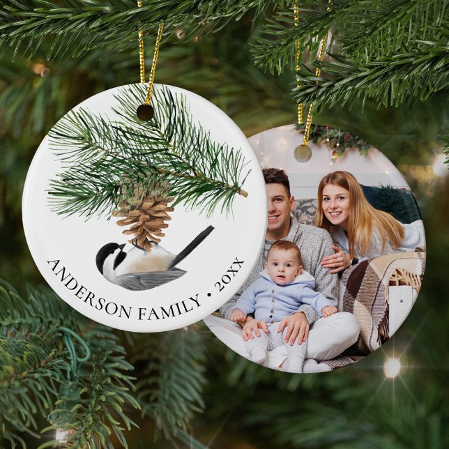 Family Photo Chickadee Pine Cone Christmas  Ceramic Tree Decoration (Creator Uploaded)