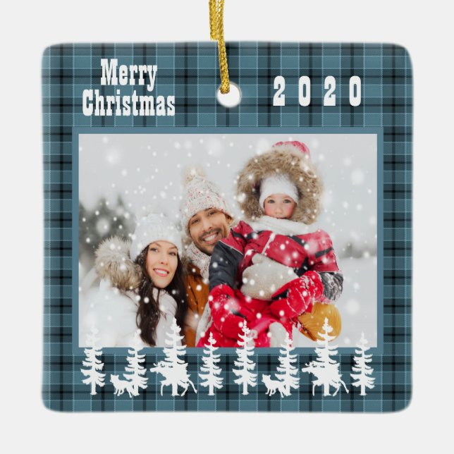 Family photo Christmas blue plaid country style Ceramic Ornament (Front)