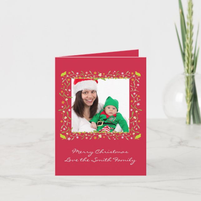 Family photo christmas card red mistletoe & stars (Front)