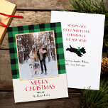 Family Photo Christmas Custom Green Flat Holiday Card<br><div class="desc">Vintage style Christmas card,  ready for you to personalise with your own favourite photo! Featuring a traditional Buffalo Plaid check pattern in green and black,  and a festive dog illustration on the back. The text on the front and back can be customised.</div>