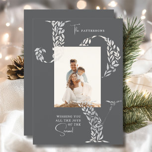 Family Photo Christmas Elegant Joy Floral Silver Holiday Card