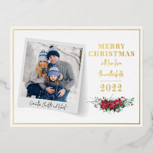 Family Photo Christmas Floral Script Foil Holiday Postcard